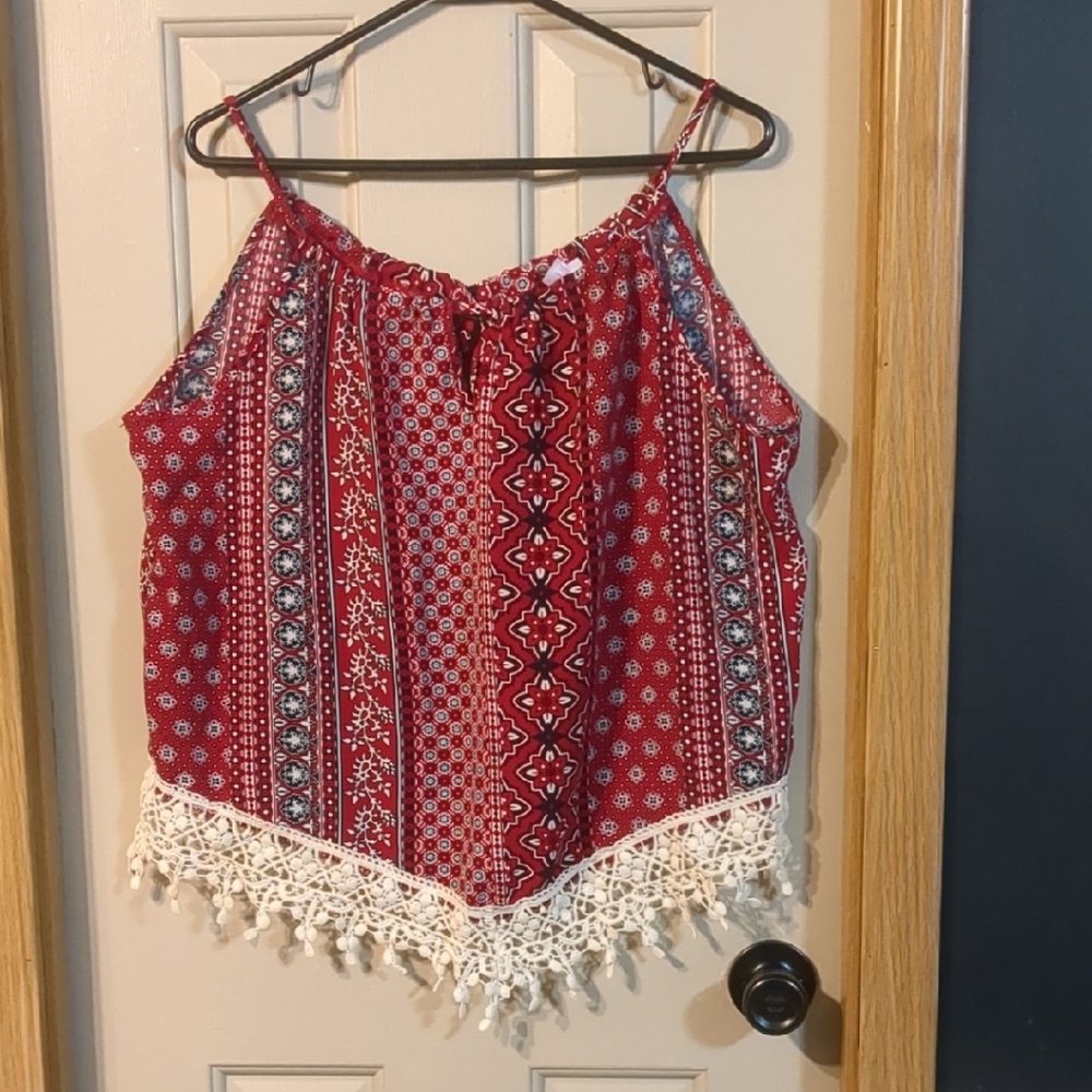 Red Bohemian Tassel Trim Top